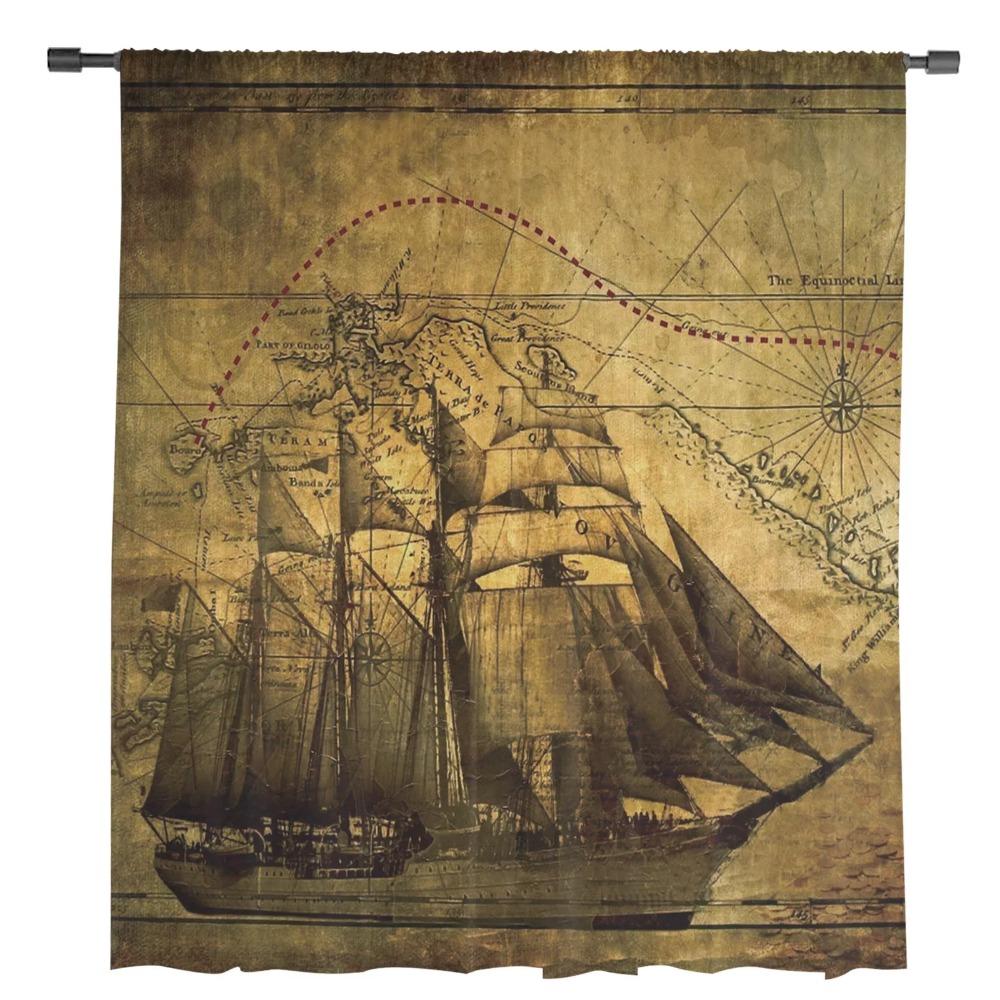 Vintage Sailing Ship Nautical Chiffon Sheer Curtains for Living Room Bedroom Decoration Window Voiles Tulle Curtain Drapes