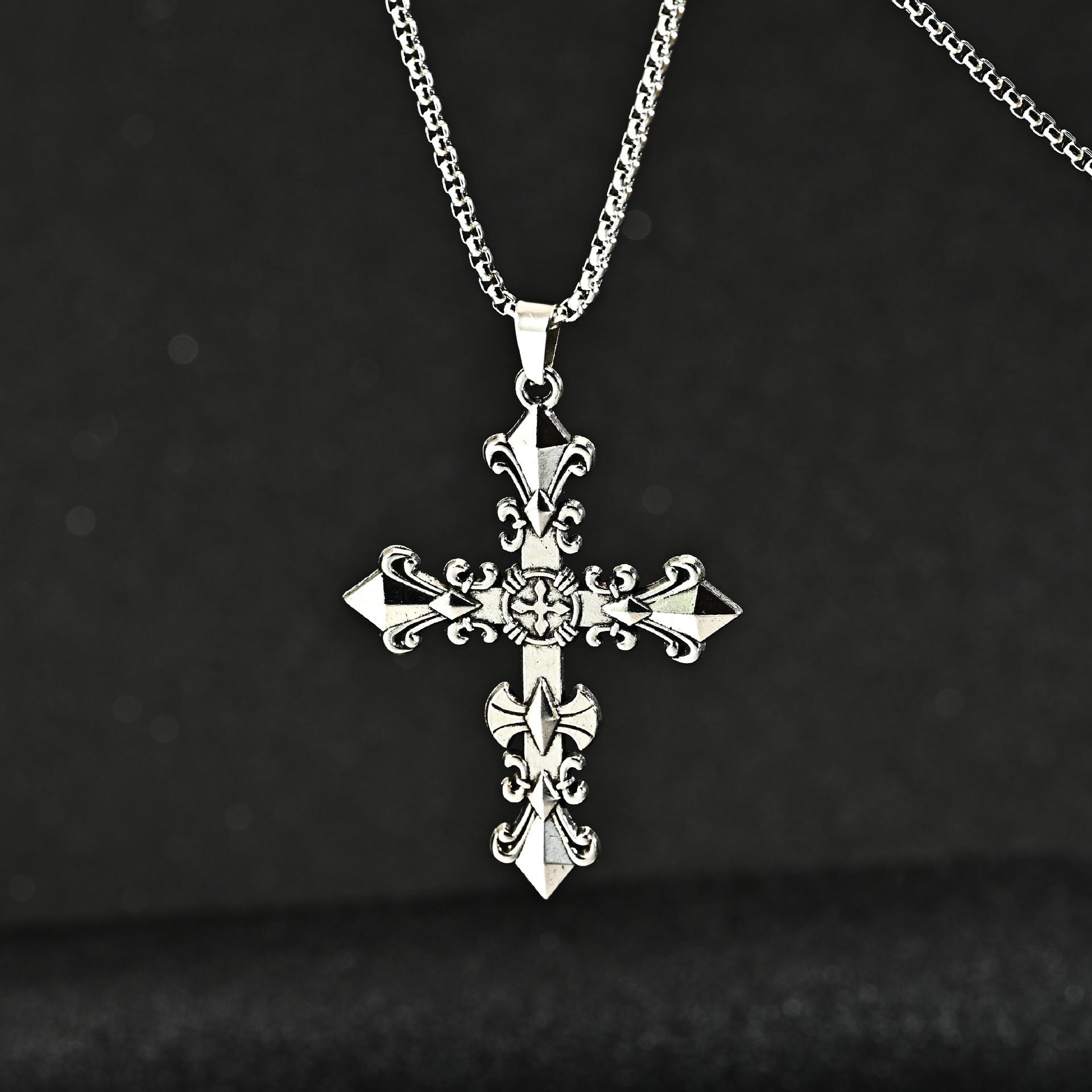 Gothic Vintage Carved Cross Pendant Necklace Set Silver Tone Box Chain Necklaces for Men Women Punk Streetwear