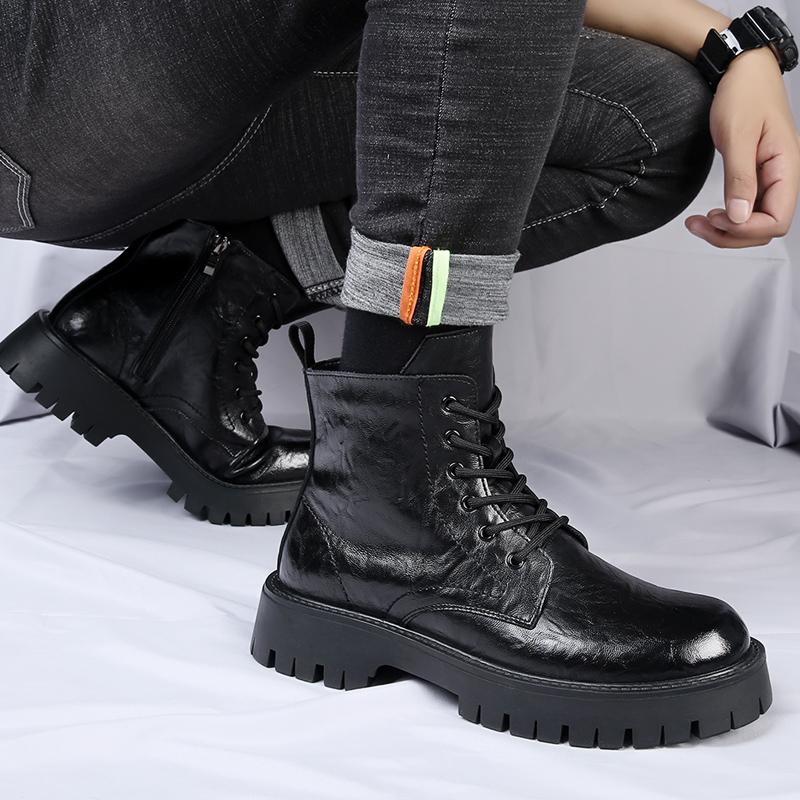 Cizme Casual de Exterior pentru Bărbați din Piele de Vacă, de Lux, Piele Naturală, Vârf Rotund, Stil Britanic, Platformă cu Talpă Groasă, Iarnă, Noi, Calde, Glezniere