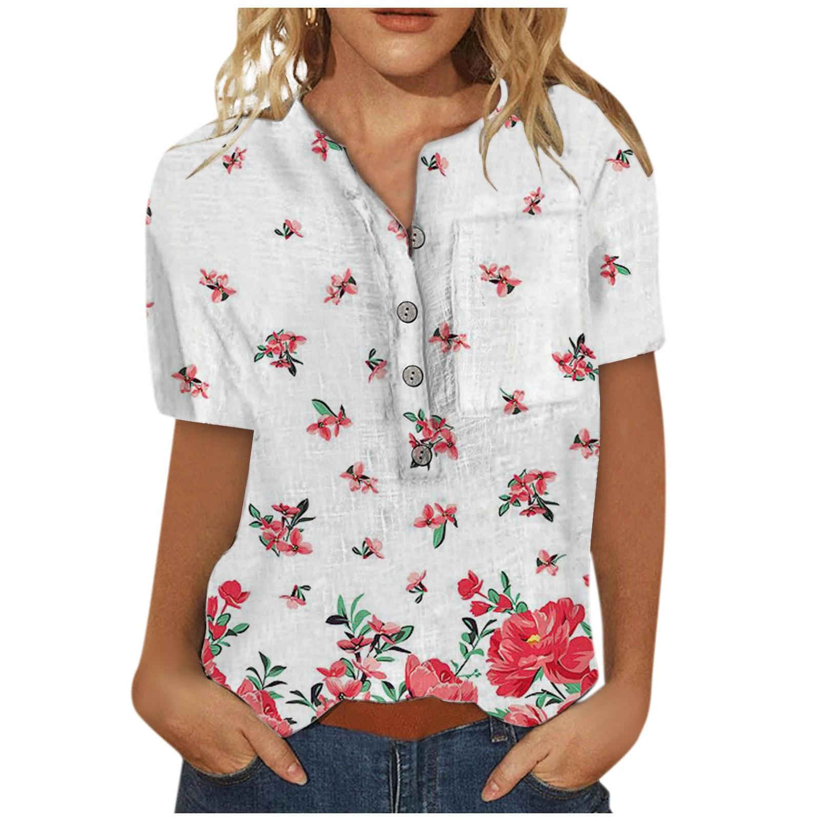 

(SU)Женская повседневная модная хлопково-льняная женская рубашка с коротким рукавом с принтом