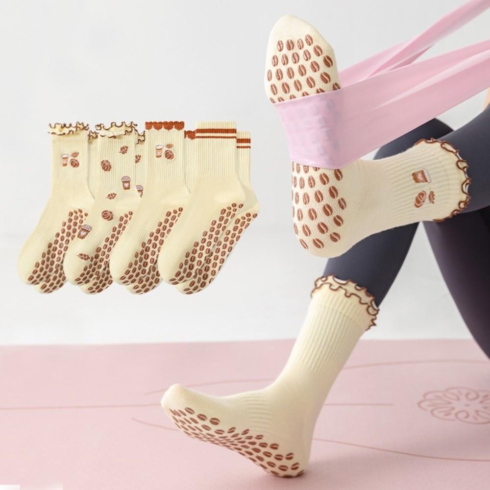 Pumpkin Embroidery Pilates Socks Non-Slip Cuffed Mid Tube Socks Professional Floor Socks for Women