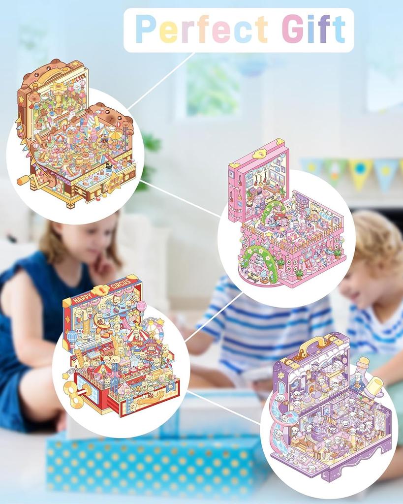 Set of 4 3D Cartoon Scene Miniature Stickers and Make Your Own Home Sticker Kit for Adults and Fun Room Stress Relief Pins, Kids, Decor, (Style 1)