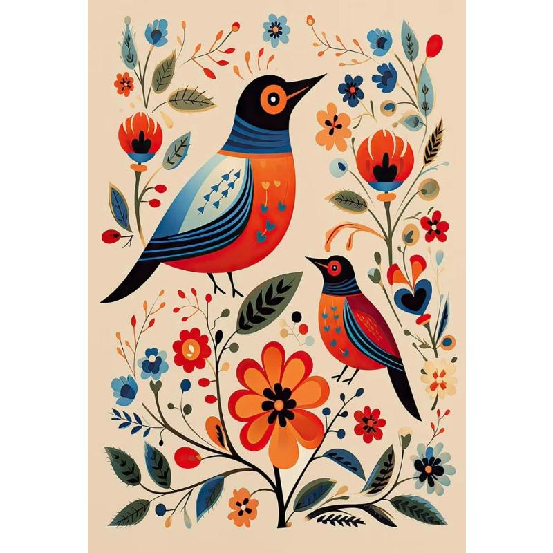 Norweska Sztuka Ludowa Kwiatowy Ptak Plakat Nordic Print Abstrakcyjny Obraz na Płótnie Skandynawska Sztuka Ścienna Obraz Salon Dekoracja Domu