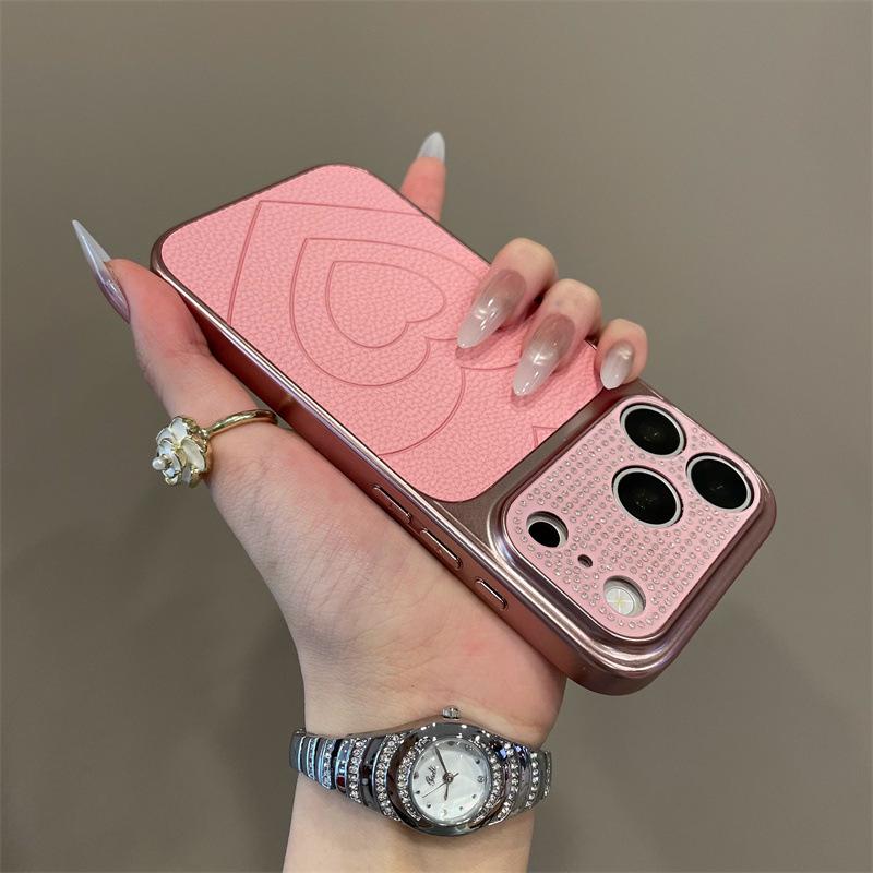 Rhinestone Heart Leather Texture Drop-Proof Phone Case for iPhone 15Pro, 16Pro, 17Pro