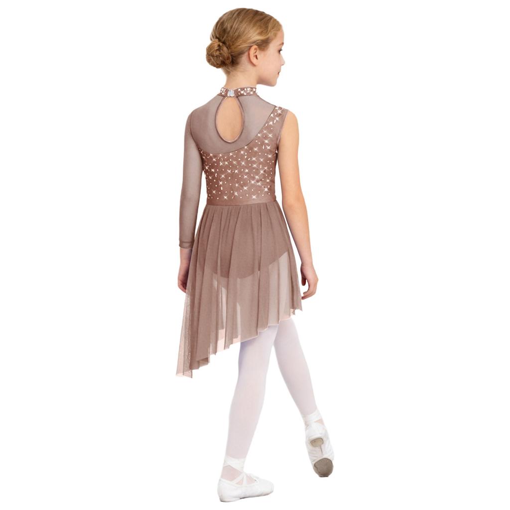Complete Competition Lyrical Costume for Girls: Features Asymmetrical Design, Mock Neck, Mesh & Rhinestone Details