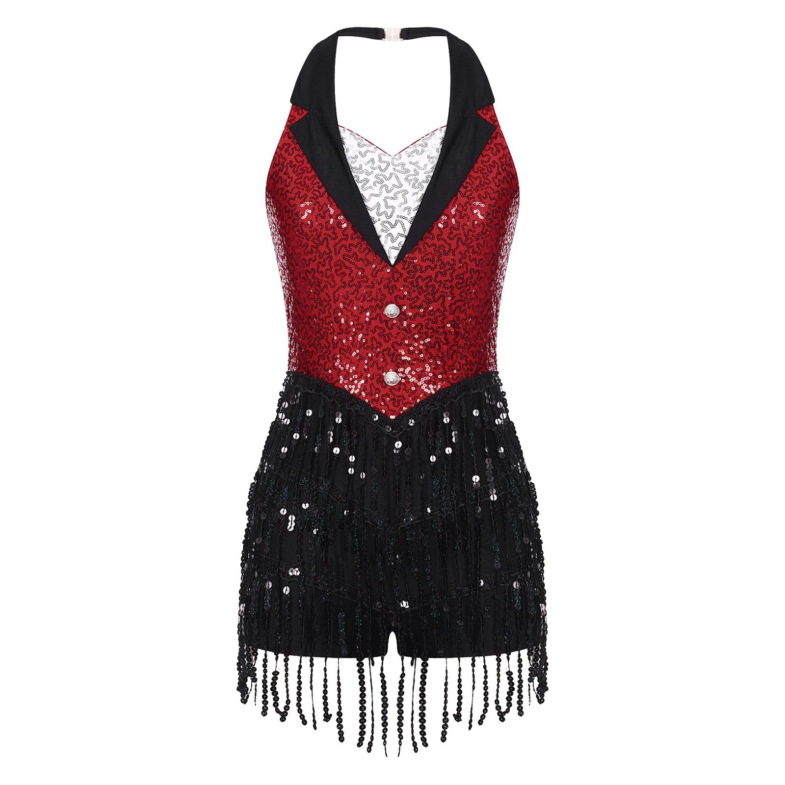 

Womens Latin Dance Costume Halter Backless Sequins Fringe Jumpsuit Sleeveless Tassel Leotard Performance Wear червоний