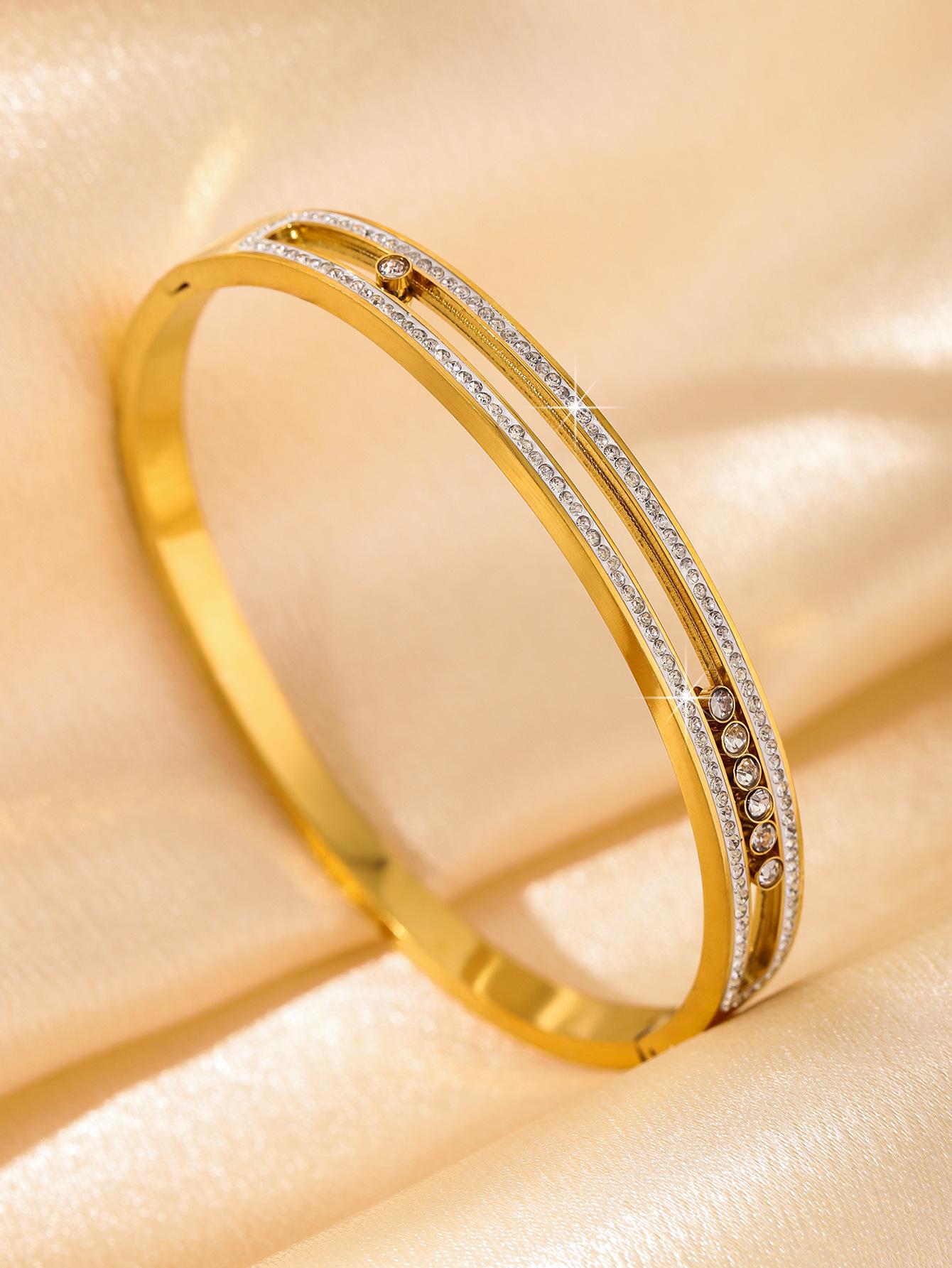 

Gold-Plated Diamond-Studded Women s Bracelet - Light Luxury, European & American Style, Starry Sky Design, Stainless Steel Adjustable Open