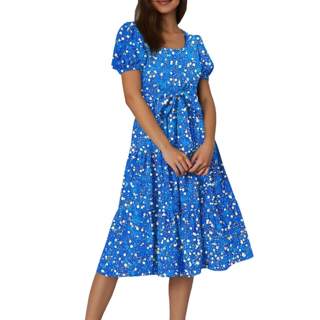 Women's Summer Floral Print Short Sleeves Neck Waistband Bohemian Flowy Maxi Dress With Pockets