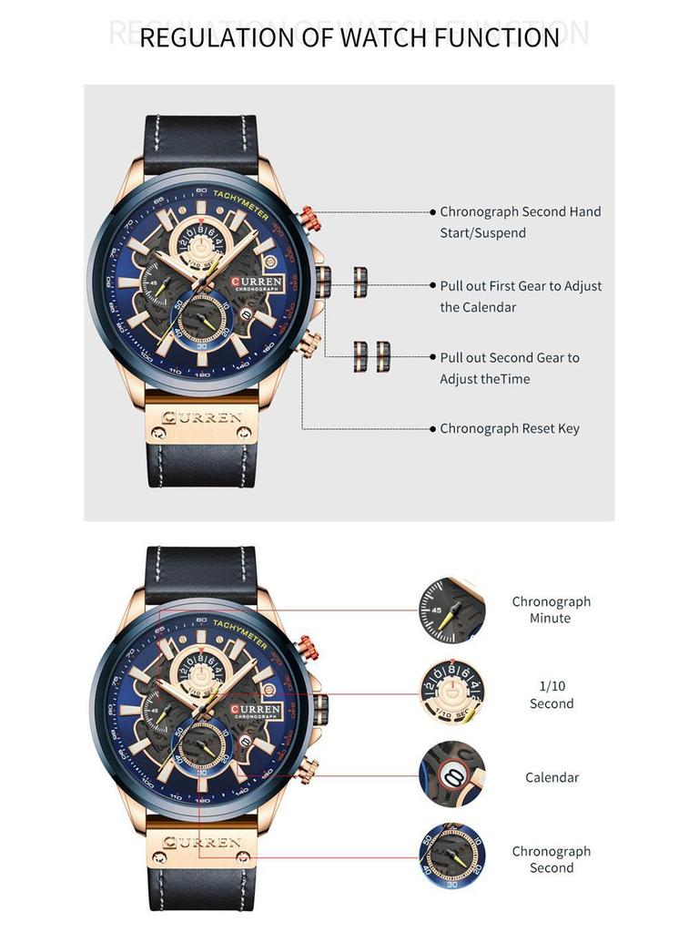 Curren 8380 Men's Waterproof Multifunction Sports Quartz Watch with Leather Strap and Calendar.