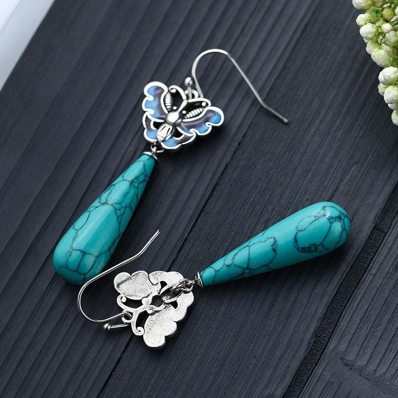 Chinese-Style Vintage Drop Earrings: Classical Enamel, Electroplated Thai Silver with Imitation Turquoise Teardrop.
