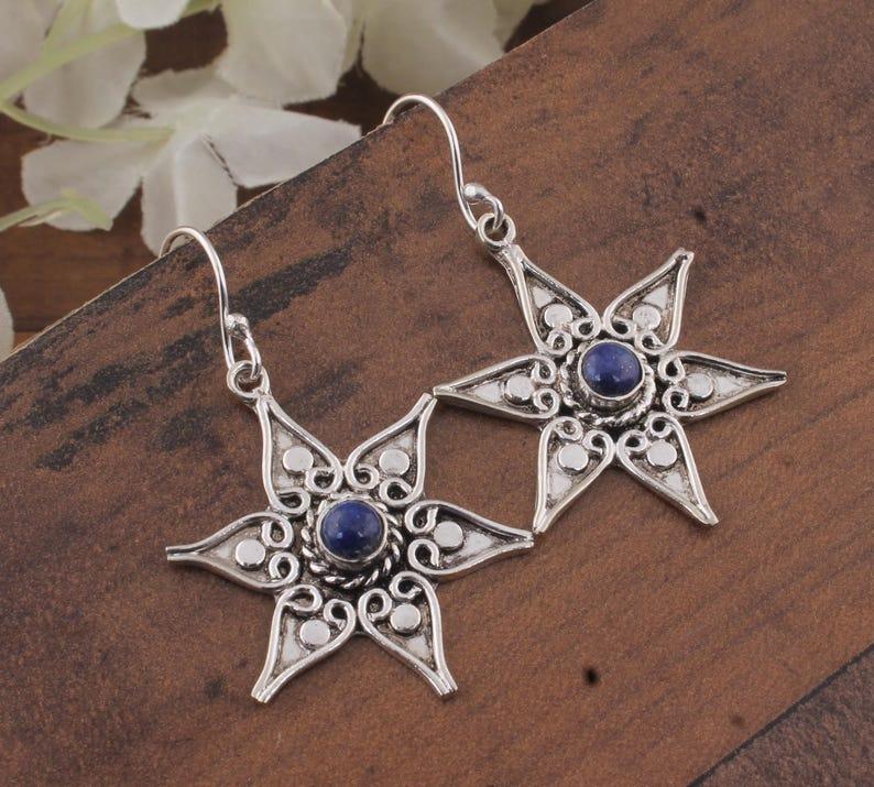 

Solid 925 Sterling Silver Star Designer Earrings Lapis Lazuli Gemstone Earring, Handmade Jewelry Gift For Her Boho Earrings