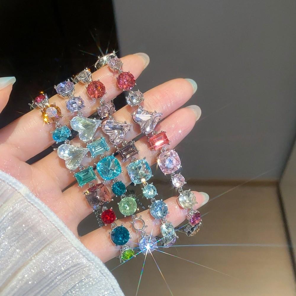 Love Heart Colorful Rhinestone Bangle Square Round Women's Hand Bracelet  Women Girl