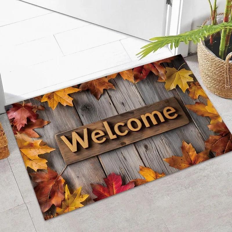 Retro Welcome Plank Maple Leaf Print Carpet Party Living Room Sofa Bedroom Bedside Study Entrance Door Rug Non-slip Decor Mat
