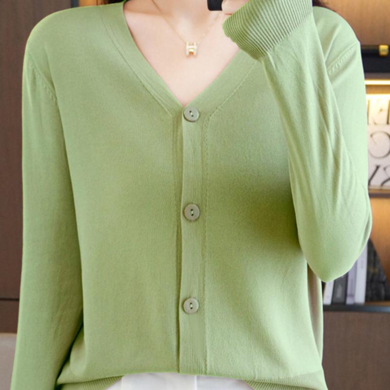 IHUASU Summer Thin Long-sleeved Ice Silk Knitted Women Cardigan Jacket Sun Shirt Air Conditioning Shirt with Skirt V-neck Outwear Tops