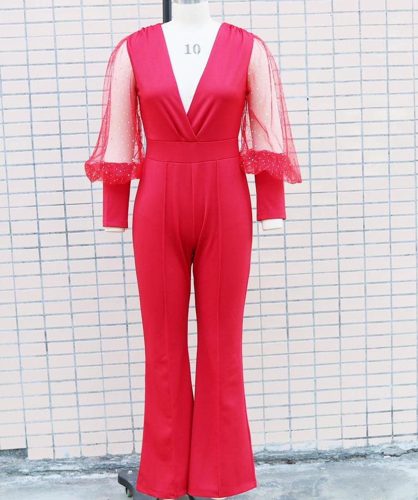 2022 Fall/Winter Women's European & American Style Mesh Spliced Long-Sleeve Slim Wide-Leg Jumpsuit