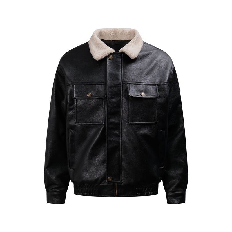 Kisko American Retro Style Lamb Fur Collar Fleece-Lined Thickeneded Jacket for Men and Women, Winter High-End Casual Leather Jacket