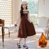 European Cotton Girls' Plush Dress: Fleece-Lined Faux Two-Piece for Medium & Large Children (Autumn/Winter)