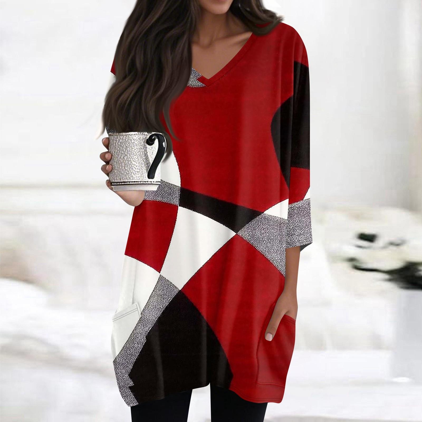 

Женские топы с V-образным вырезом и рукавом 3/4 Блузки Повседневные рубашки средней длины Модные принты Туники Топы с карманами L