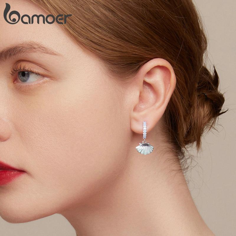 Bamoer 925 Silver Enamel Process Sea Shell Ear Buckles Pave Setting CZ Hoop Earrings for Women Ocean Series Jewelry