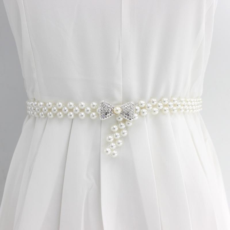 Women'S Rhinestone Pearl Waist Chain Dress Decorative Elastic Belt Women'S Sweet Flower Elastic Waist Seal