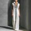 Damen V-Ausschnitt Ärmellos Weiter Bein Jumpsuit Lockerer Sitz Hoher Bund Kontrastfarbe Maxi Jumpsuit