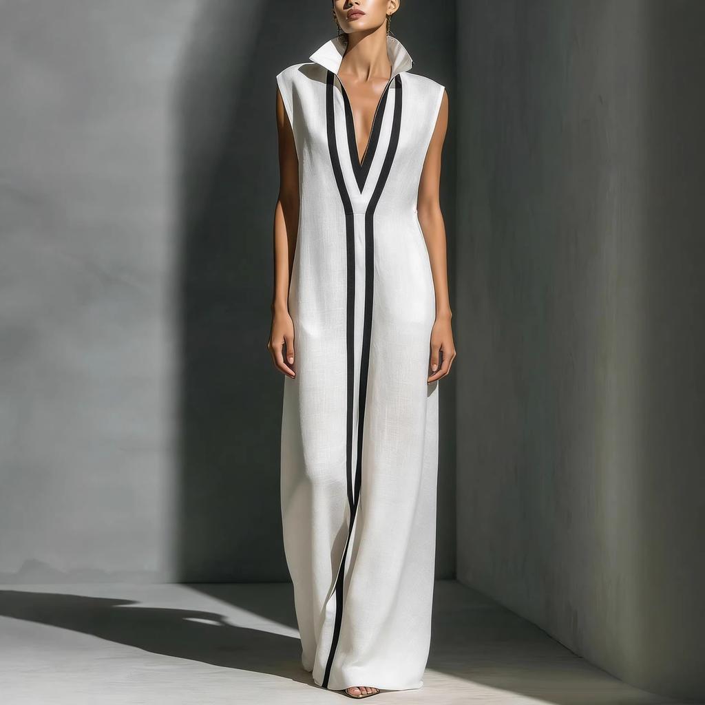 Damen V-Ausschnitt Ärmellos Weiter Bein Jumpsuit Lockerer Sitz Hoher Bund Kontrastfarbe Maxi Jumpsuit