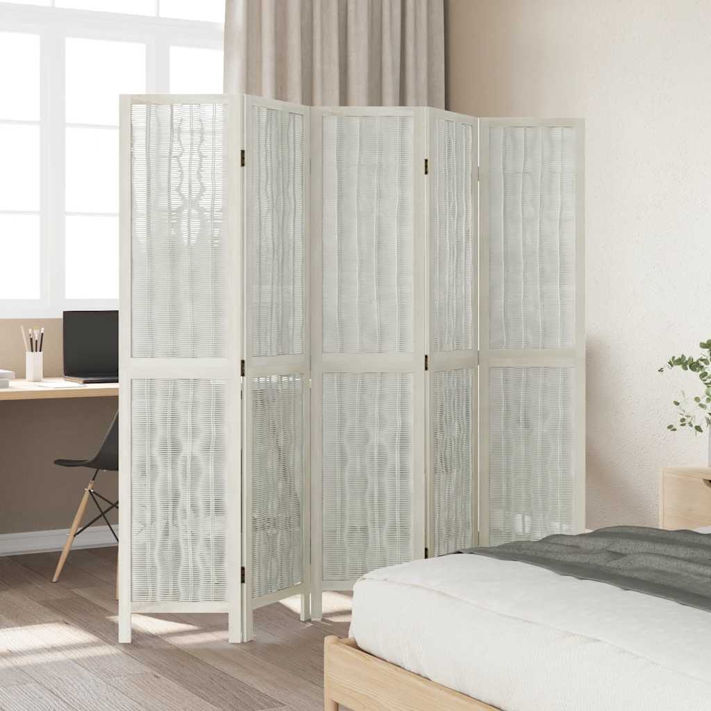 5 Piece Room Divider White Solid Paulownia Wood