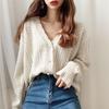 Korean Retro Hollow V-Neck Knit Cardigan - Autumn Chic Crochet Sweater