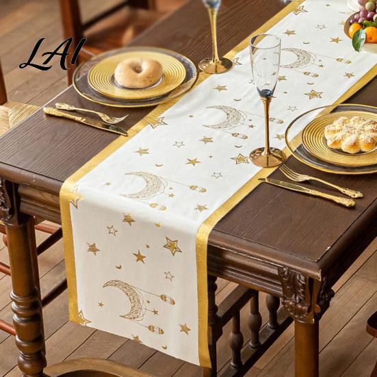 Modern Table Dressing Eid Mubarak Runner Ramadan Gold Moon Stars Tablecloth Islamic Happy Party Decorations Holiday Rectangular Cloth for