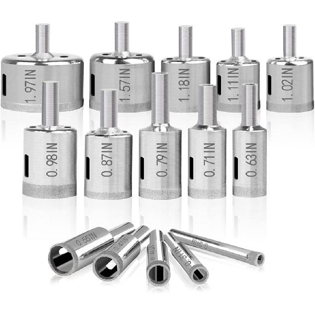 Diamond Hole Saw, 15 Pcs Diamond Drill Bits Set Glass Drill Bit Extractor Remover Tools for Glass, Ceramics, Porcelain, Ceramic Tile (1/4"-2")