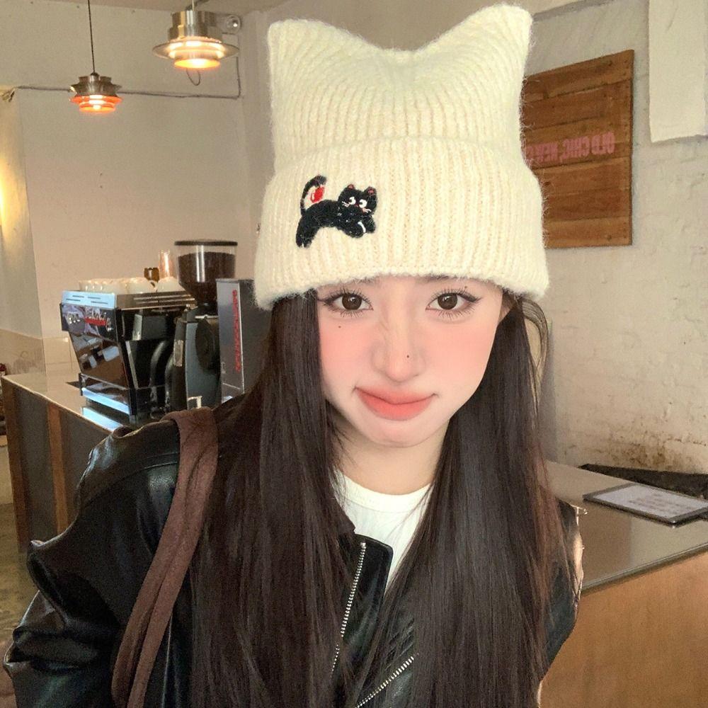 Elastic Cat's Ears Knitted Hat Embroidered Cat Woolen Hat Retro Warm Cap  Women