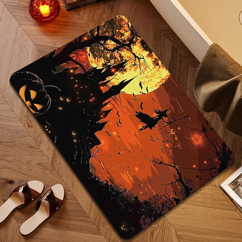 Patterned Door Mat Set With Scarecrow Bat And Spooky Scene Designs Artistic Decor Mat For Entryway For Home Decor