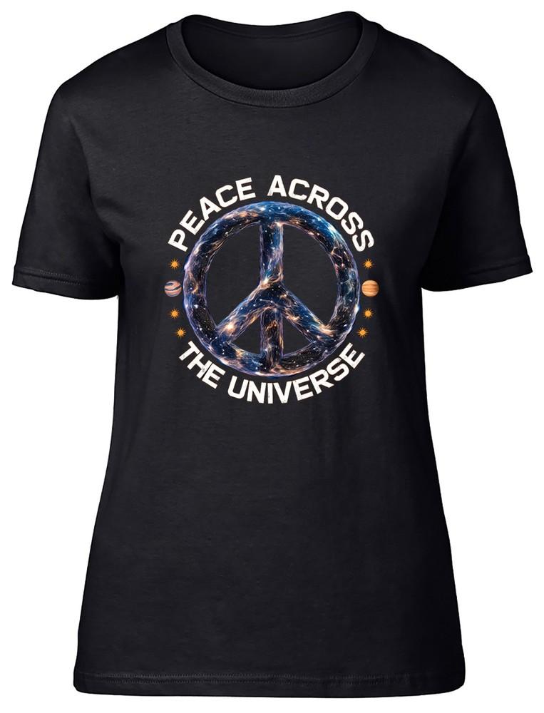 

Cosmic Peace Symbol Womens T-Shirt Peace Across the Universe Stars Planets Tee 2XL