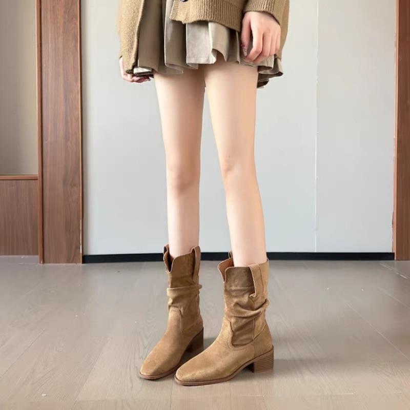 Nuovo Stile Lusso Donna Retro Marrone Cowboy Western Stivali Lunghi Stivaletti alla Moda da Donna a Metà Polpaccio a Punta Zapatos Mujer