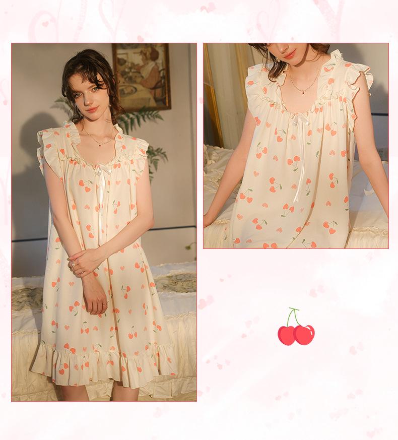 French Sweet Girl Cherry Print Sleeveless Long Cotton Nightgown