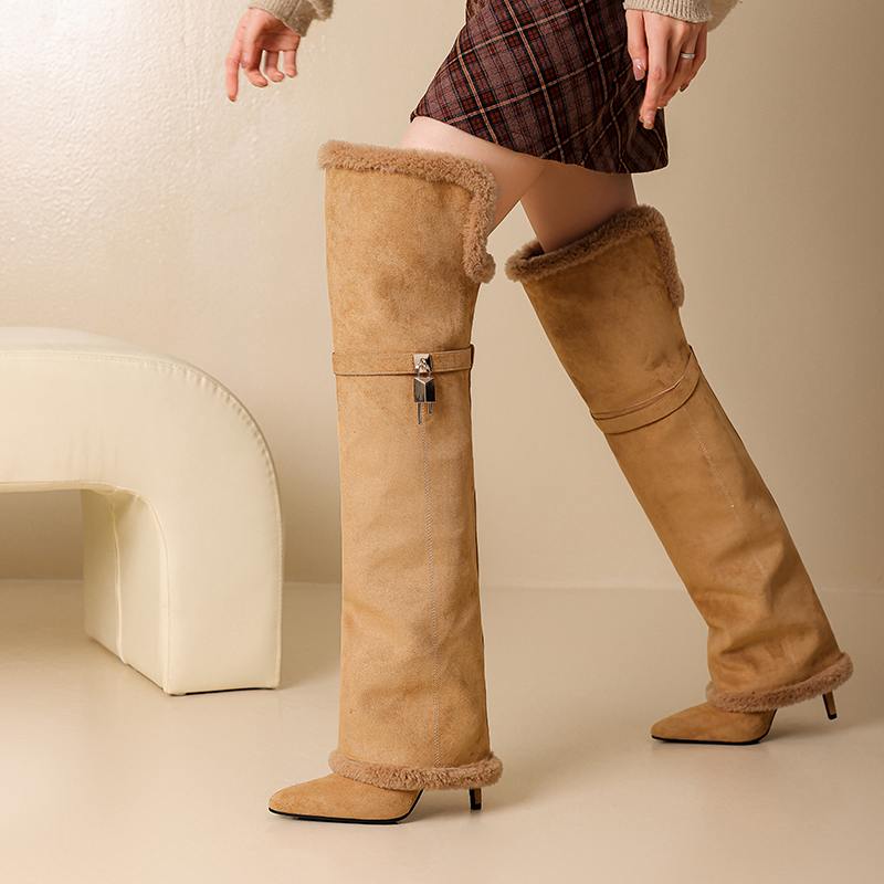 Krazing Pot Flock Pointed Toe Thin High Heels Size 46 Size 45 Winter Slip on Plus Size Women Keep Warm Over-the-knee Boots