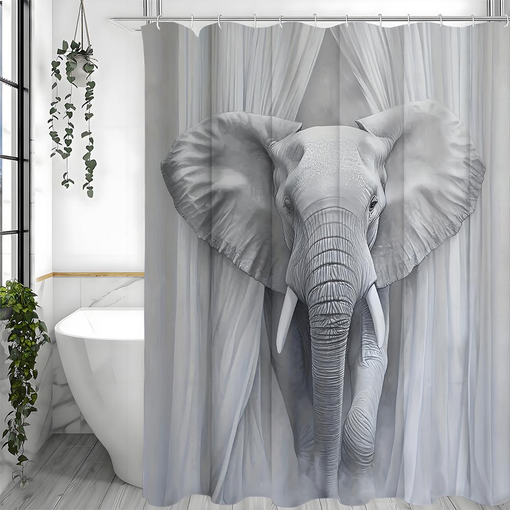Gray Elephant Shower Curtain, Bathroom Decorative Shower Curtain, Waterproof Shower Curtain with Hooks