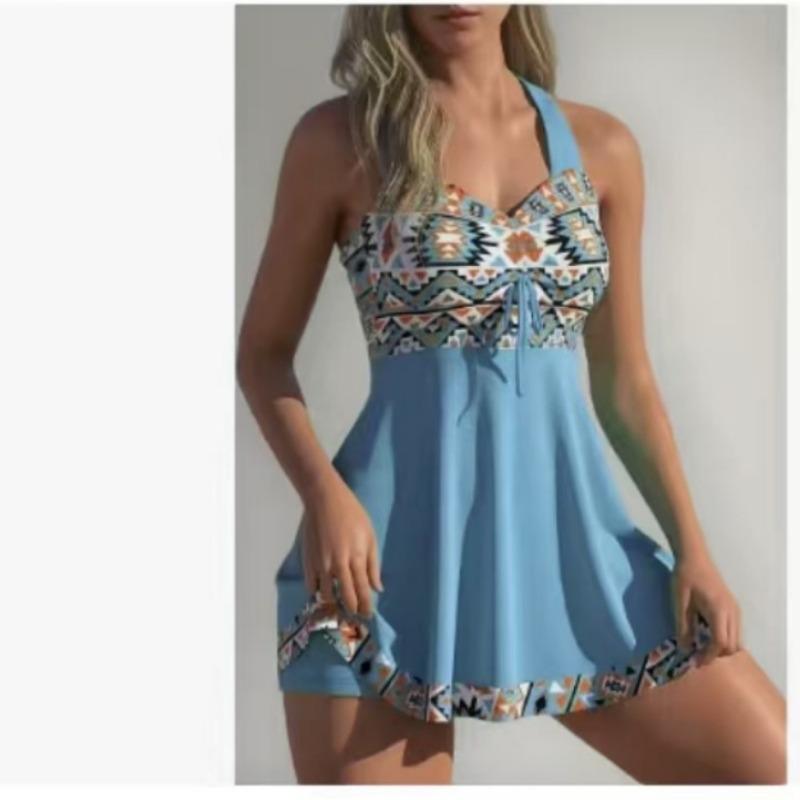 Tropical Leaf Print Tie Waist Swimdress - Modest Two Piece Swimsuit with Shorts