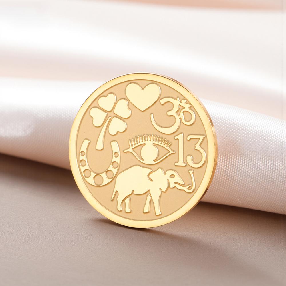 Dawapara Good Luck Symbols Brooch Elephant Clover Hoeseshoes Evil Eye Religious Spiritual Amulet Stainless Steel Lapel Pins