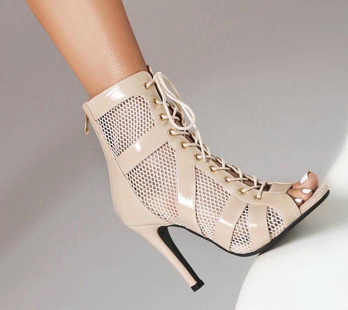 Dames Kant-up Mesh Hoge Hak Jazz Laarzen - Hol Ontwerp en Peep-Toe Dansschoenen, Ook Verkrijgbaar in Grote Maten.