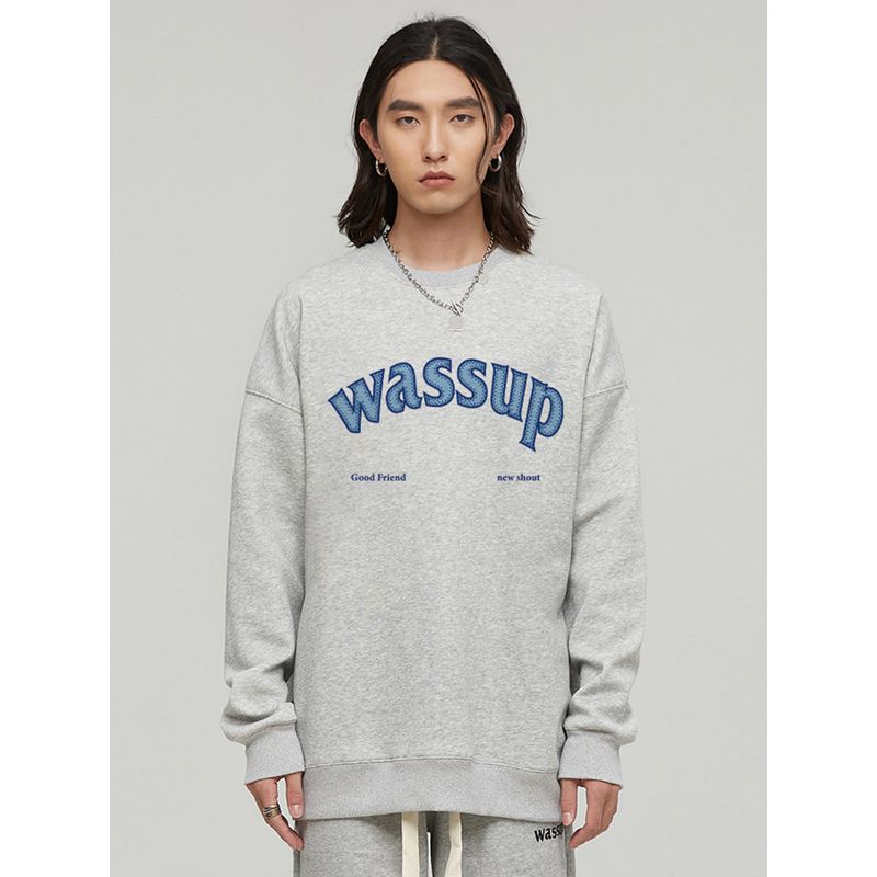 Wassup Heods Heavyweight Sweatshirt for Men, Fleece-Lined, American High Street Fashion Brand, Autumn and Winter Couple Style, Crew Neck Pullover Top