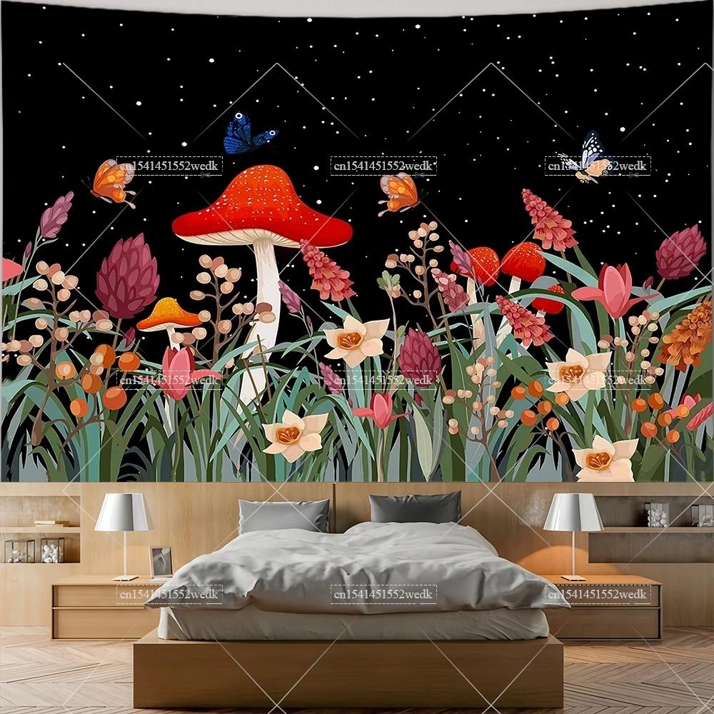 Mushroom Tapestry Moon Star Tapestries Butterfly Snail Frog Tapestrys Aesthetic Room Decor Starry Night Green Plant Tapastrys
