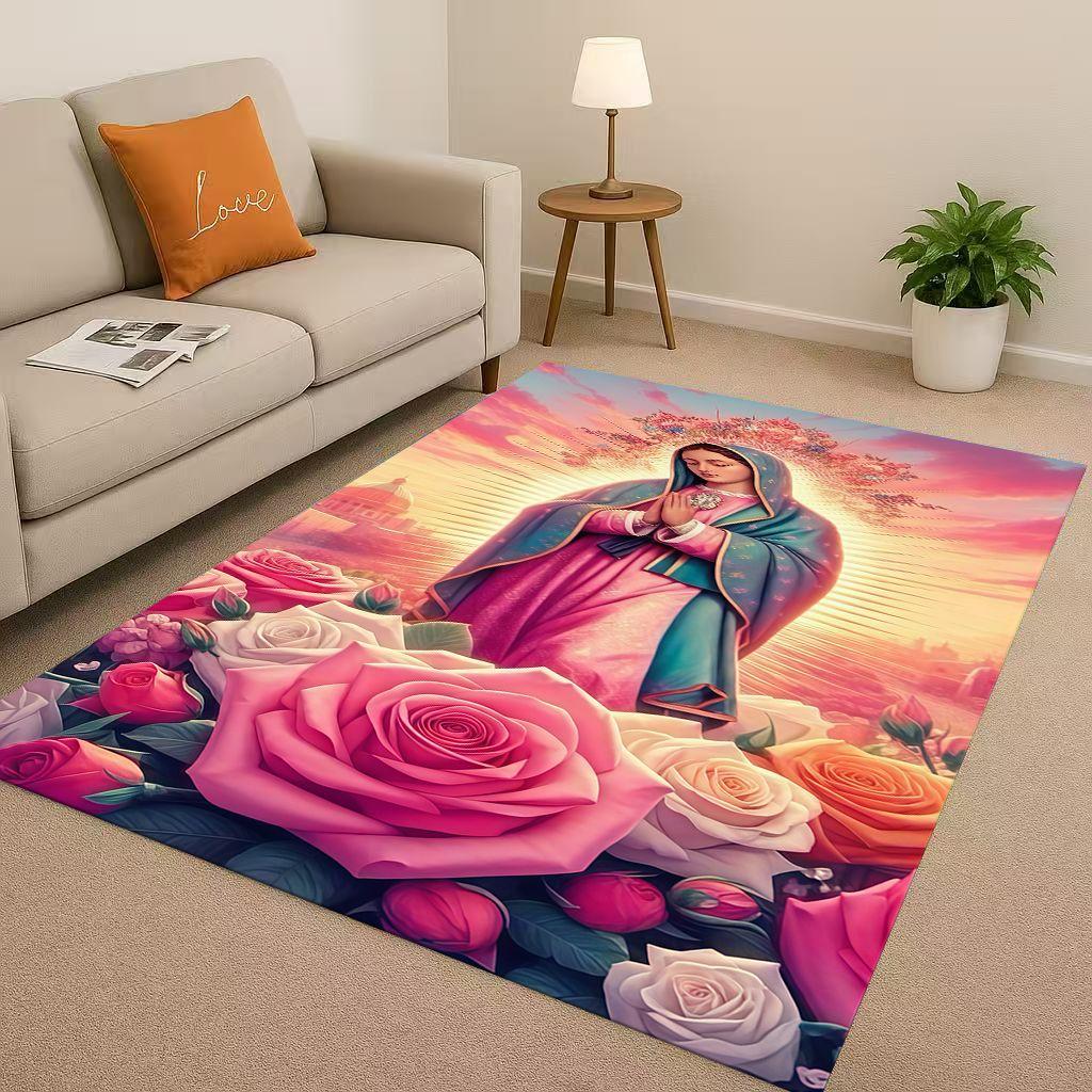 Retro Jesus Virgin Mary Art Living Room Non Slip Area Rug Soft Carpet for Bedroom Playroom Sofa,Easy Clean Home Decor Doormat
