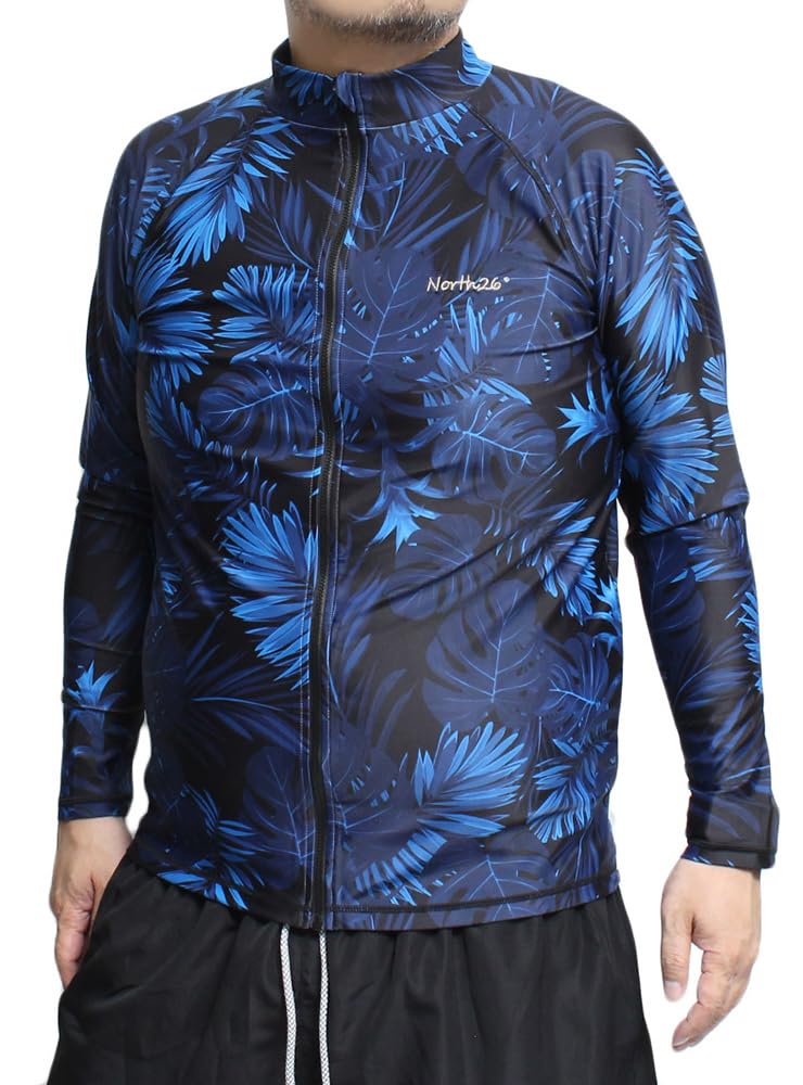 

One Colors Men s Plus Size Zip-Up Rash Guard with Back Print, UV Protection, Stretch Long Sleeves, Size 4L, Black and Leaf Navy (107)