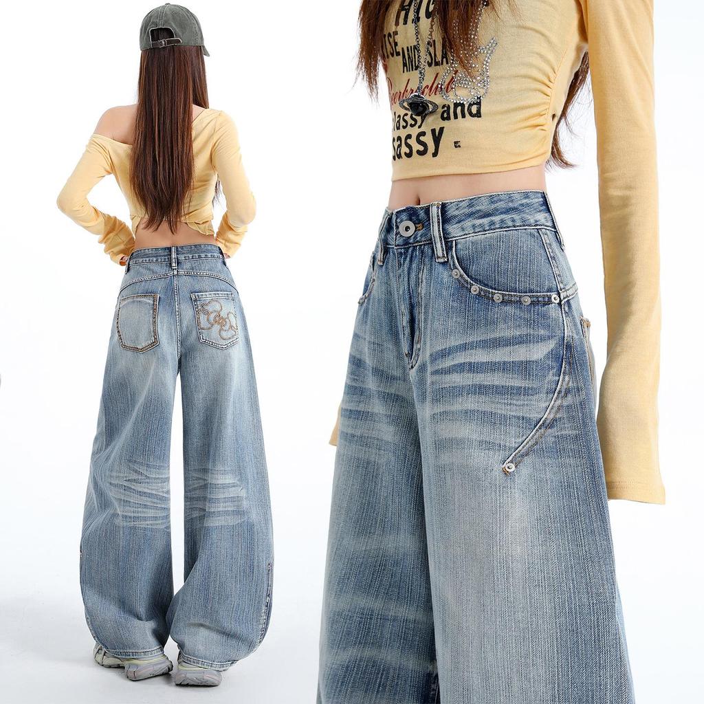 Women's Personalized Bamboo Pattern Light Blue Wide Leg Jeans - Trendy, Slimming, Loose Fit for Spring/Summer