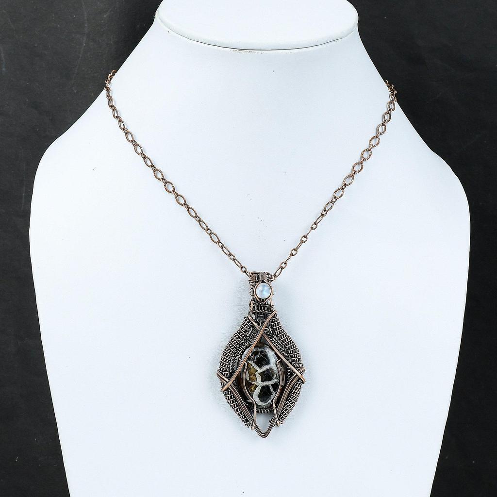 Moroccan Mud Crack Fossil Copper Pendant Wire Wrapped Pendant Handmade Copper Jewelry Moonstone Pendant Dainty Gemstone Jewelry Gift For Her