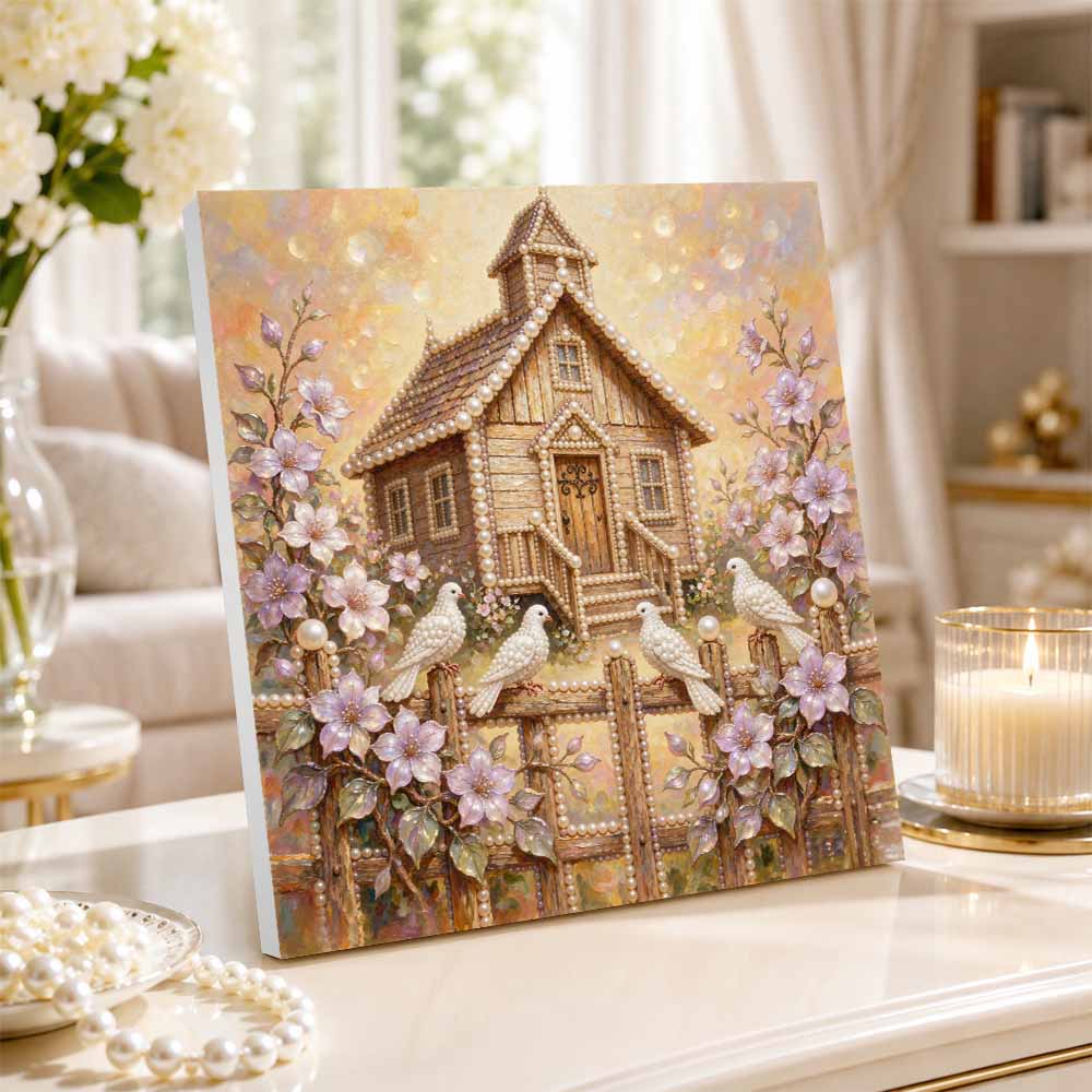 Pearl Painting 5D DIY Decorative Painting. Cute Birthday Gift. Handmade Art Painting. Pearl House Doves and Flowers