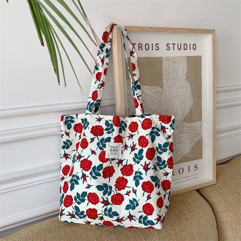 1 New Tote Bag Large Capacity Floral Canvas Shoulder Bag Portable Girl Student Shopping Bag