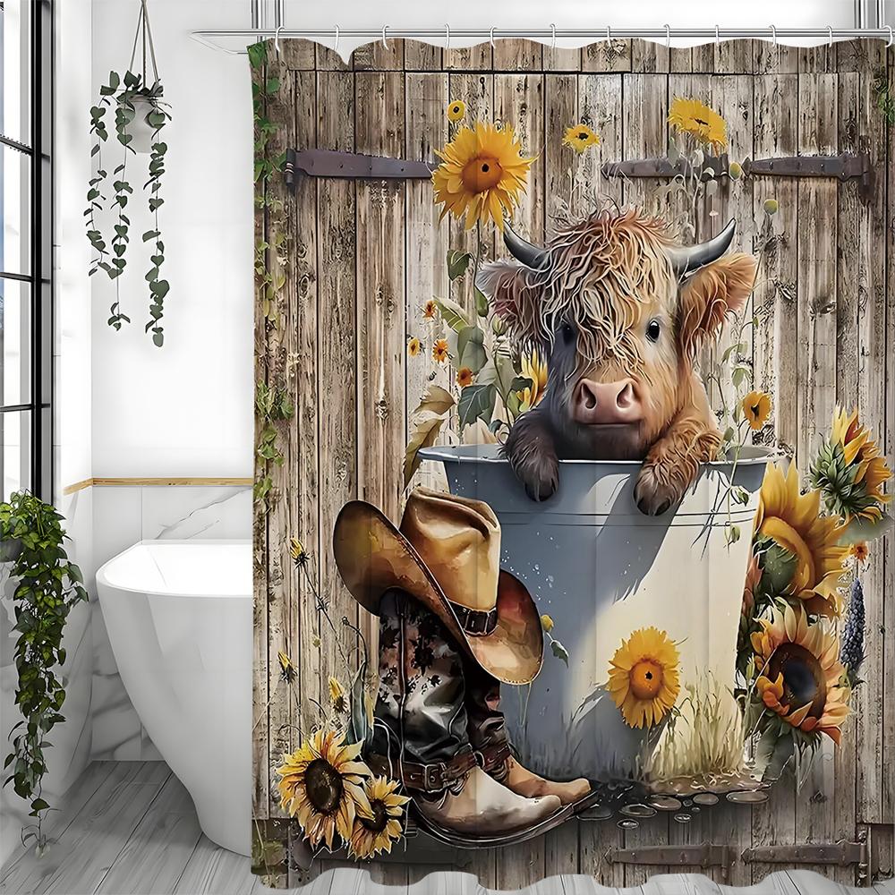 Highland Cow Sunflower Shower Curtain, Bathroom Decorative Shower Curtain, Waterproof Shower Curtain with Hooks