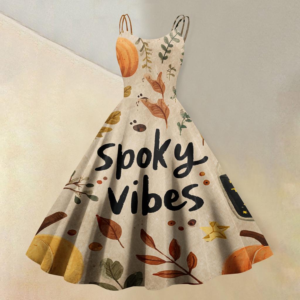 Women's Sleeveless Halloween Print Dress Vintage Style Round Neck Casual Fit and Flare Midi Dress with Spaghetti Straps and Festive Pattern